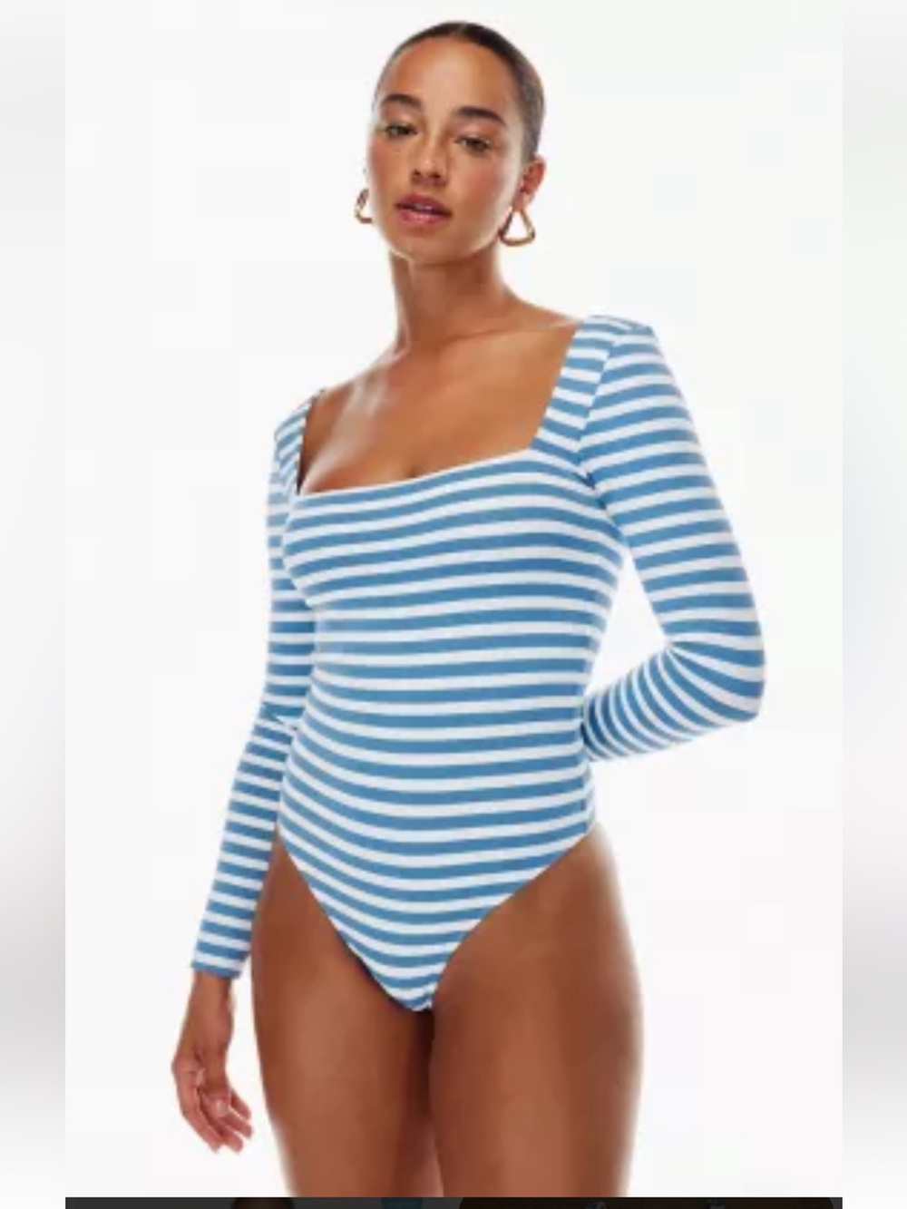 BABATON Ladies Bodycon Striped Bodysuit White Blue long sleeved Small